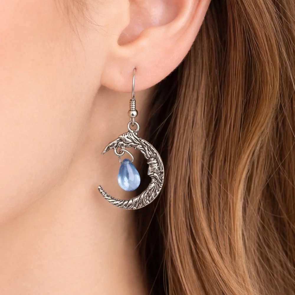 Man in the Moon Crescent Earrings with Blue Teardrop Bead